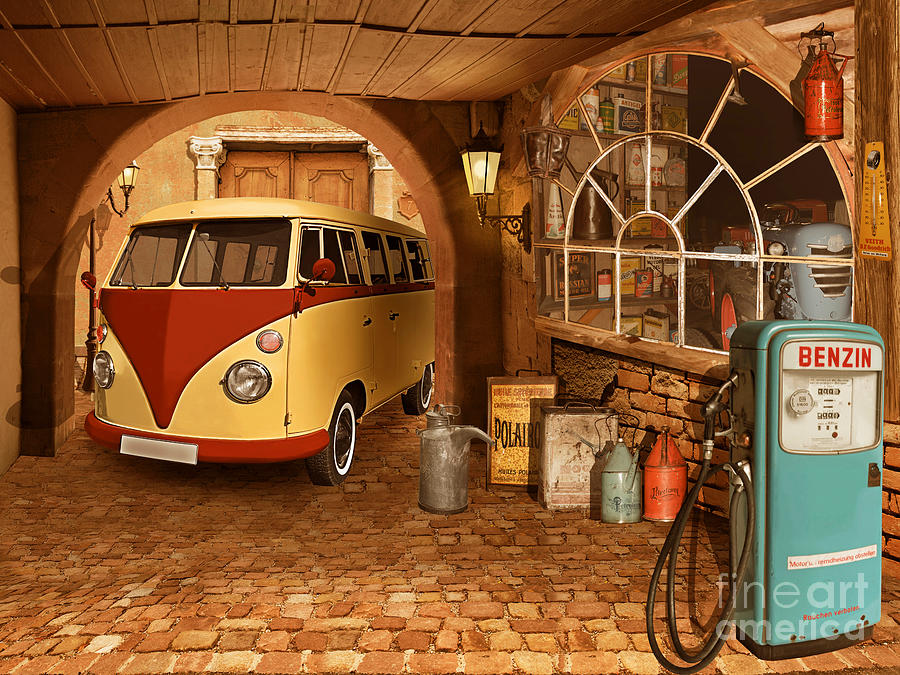 Vintage Mixed Media - The nostalgic garage with Bulli by Monika Juengling