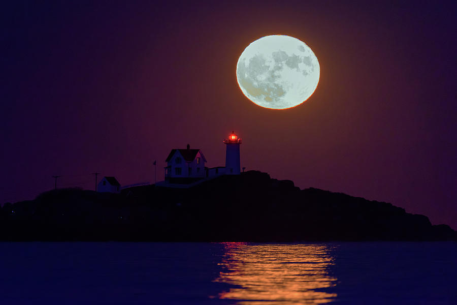 Lighthouse Photograph - The Nubble and the Full Moon by Rick Berk