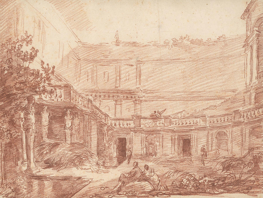 The Nymphaeum of the Villa di Papa Giulio, Rome Drawing by Hubert Robert