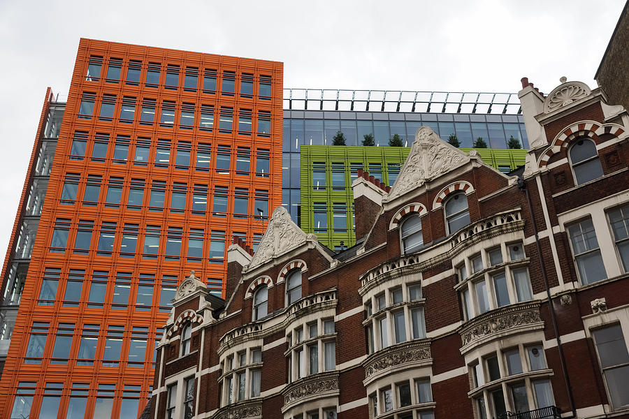 Old and New - Victorian Houses and Apple Green and Orange Facades of Central Saint Giles Photograph by Georgia Mizuleva