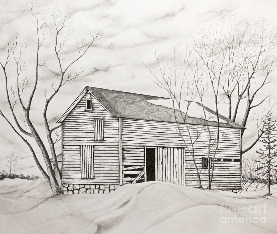 The Old Barn inWinter Drawing by John Stuart Webbstock