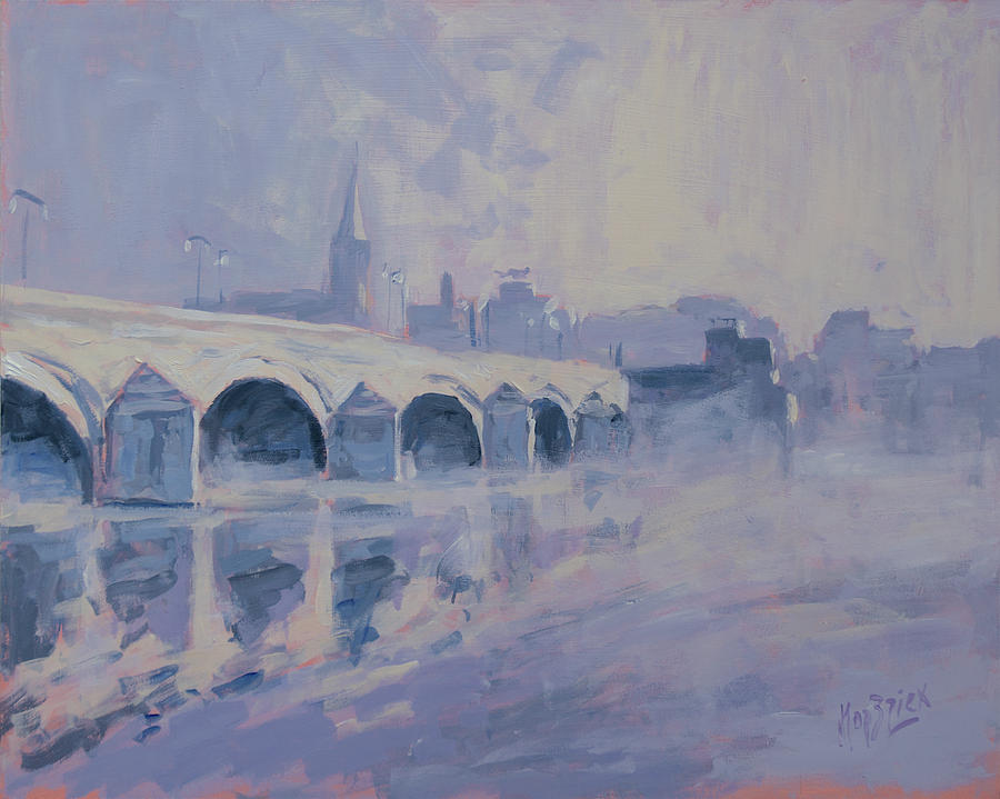 The Old Bridge in Morning Fog Maastricht Painting by Nop Briex