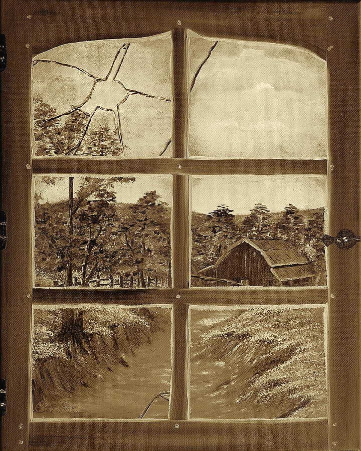 The Old Broken Window - Sepia Painting by Claude Beaulac