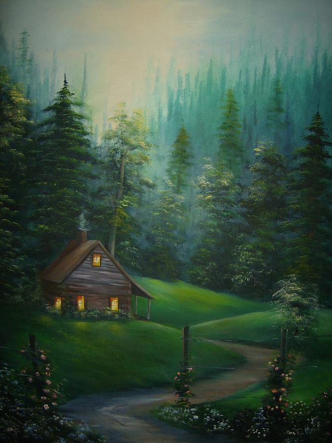 Tree Painting - The Old Cabin Down a Country Road by Debra Campbell