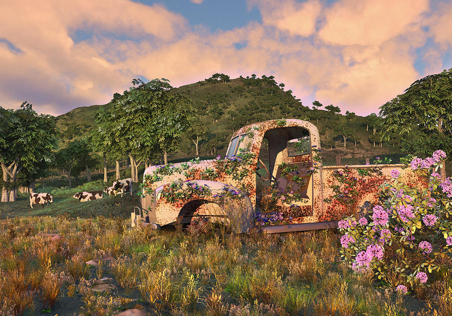 Cow Digital Art - The Old Farm Truck by Mary Almond