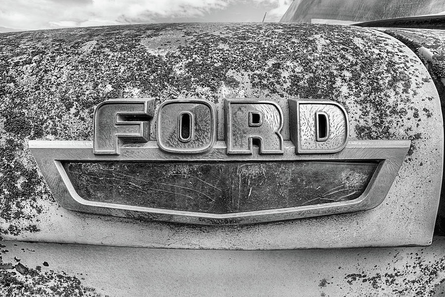 The Old Ford Emblem in Black and White Photograph by JC Findley