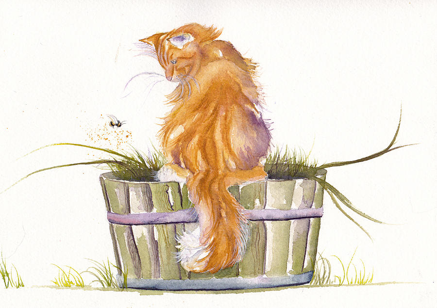 The Old Garden Tub - Ginger Cat Painting by Debra Hall