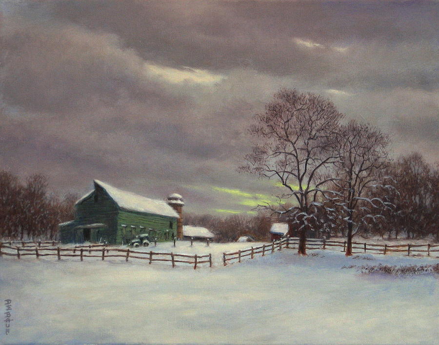 Winter Painting - The Old Green Barn by Barry DeBaun
