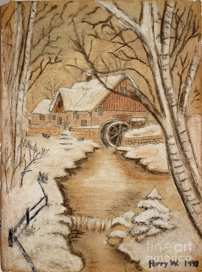 The Old Mill by George Perry Wood 1941 Drawing by Karen Adams