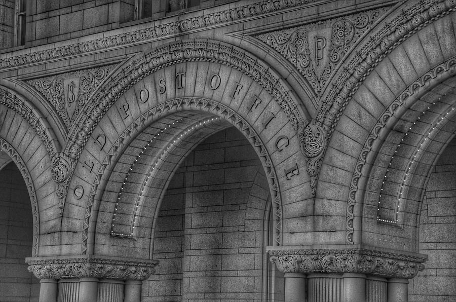 The Old Post Office Sign now Trump International Hotel in Washington D.C.  - Black and White Photograph by Marianna Mills