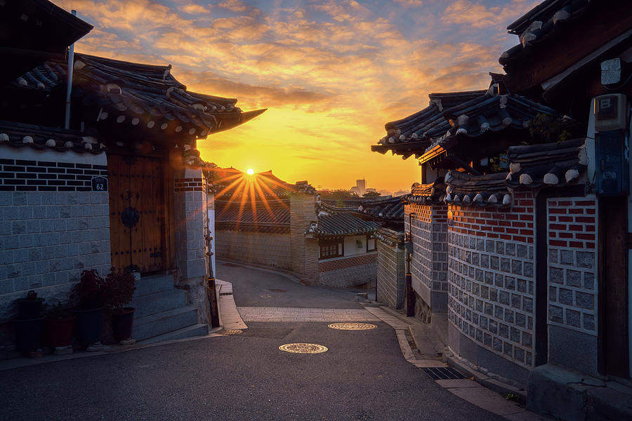 The old town, Korean home in Seoul city with morning sunrise Photograph by Anek Suwannaphoom