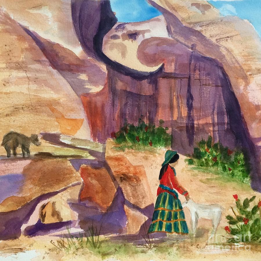 Navajo Woman And Sheep Square Painting by Ellen Levinson