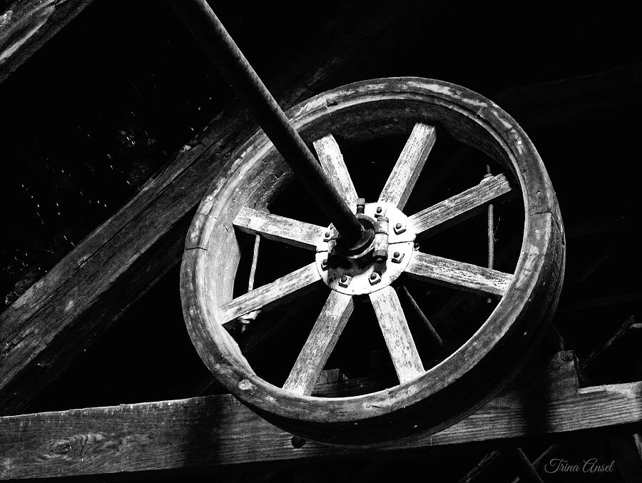 The Old Wheel in Black and White Photograph by Trina Ansel