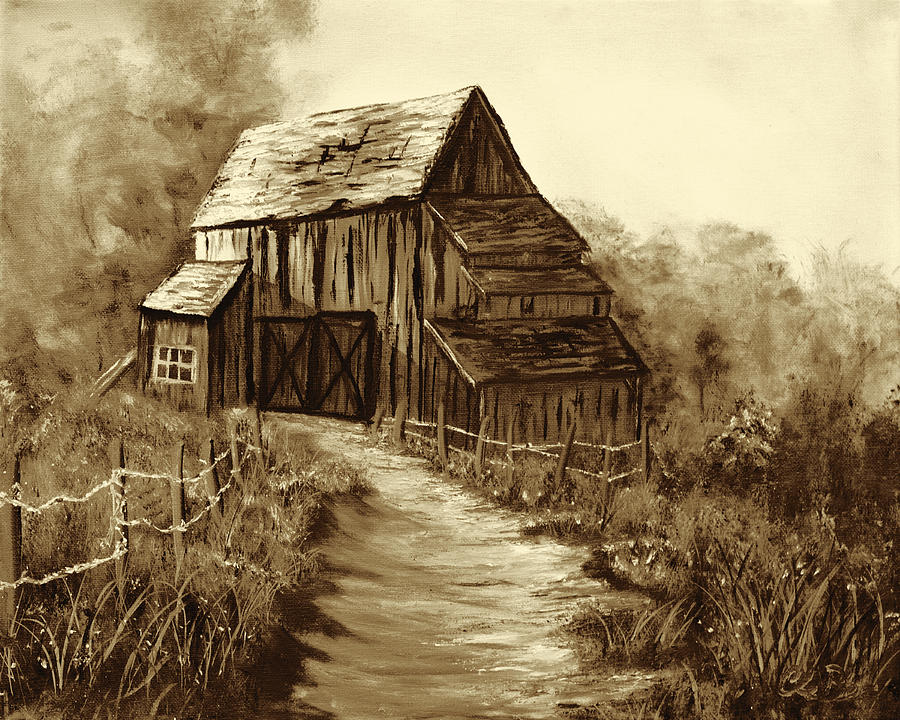 The Old Wooden Barn - Sepia Painting by Claude Beaulac