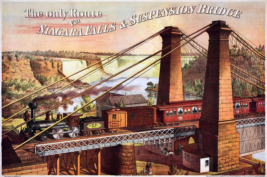 The only Route via Niagara Falls Suspension Bridge, advertising poster, 1876 Painting by Vincent Monozlay