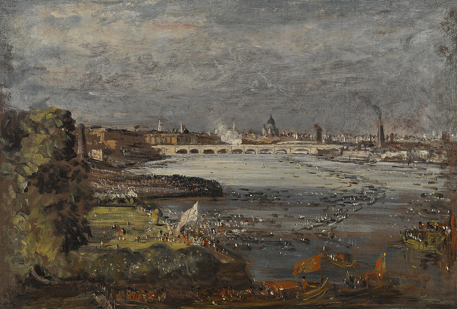 The Opening of Waterloo Bridge, seen from Whitehall Stairs, London, 19 June 1817  Painting by John Constable