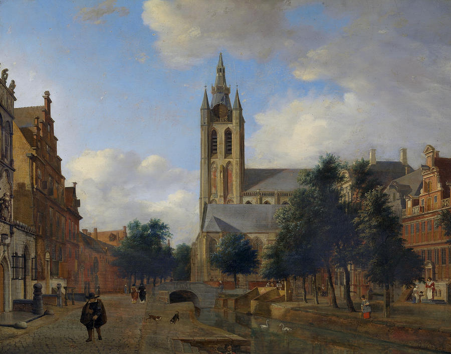 The Oude Delft Canal and the Oude Kerk, Delft Painting by Jan van der Heyden