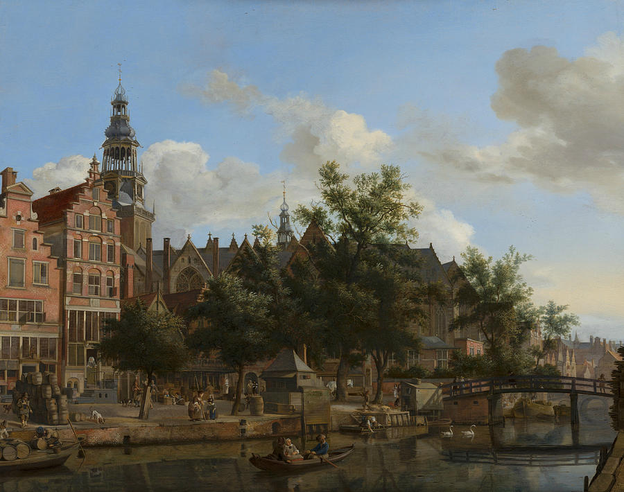 The Oudezijds Voorburgwal and the Oude Kerk in Amsterdam Painting by Jan van der Heyden