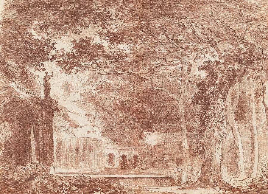 The Oval Fountain in the Gardens of the Villa dEste, Tivoli Drawing by Hubert Robert