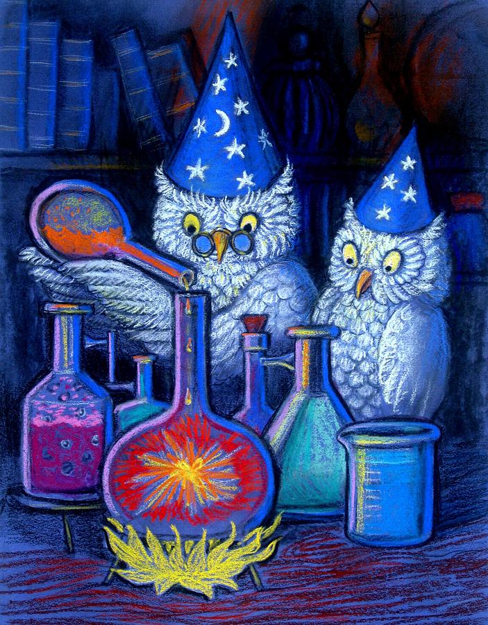 The Owl Chemists Painting by Sue Halstenberg