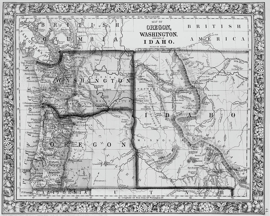 The Pacific Northwest Historical 1800s Map Black and White Photograph by Toby McGuire