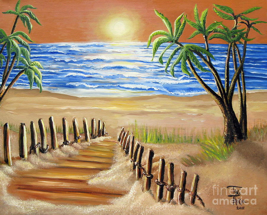 Sunset Beach Painting - The Palm Tree Beach by Toni Thorne