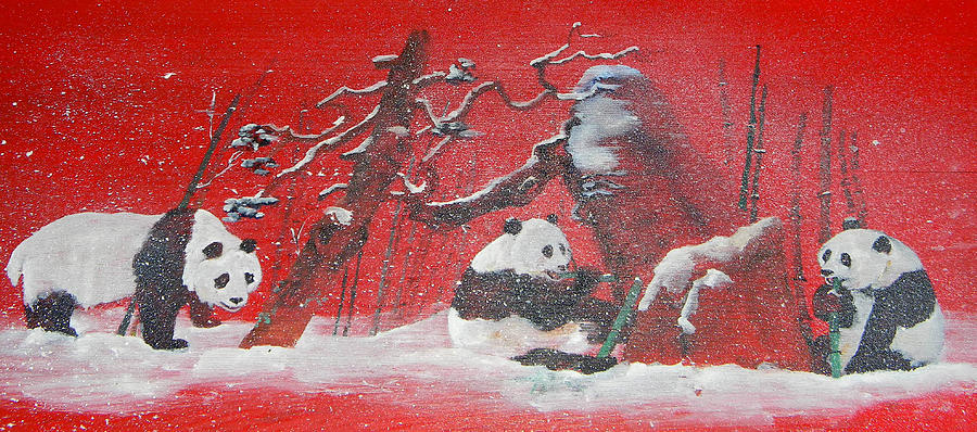 The Pandas Come On Red Painting by Debbi Saccomanno Chan