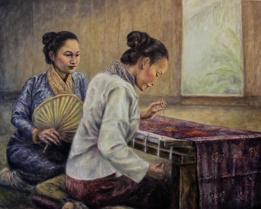 The Patron and Embroiderer Painting by Sompaseuth Chounlamany The Patron and Embroiderer Painting by Sompaseuth Chounlamany