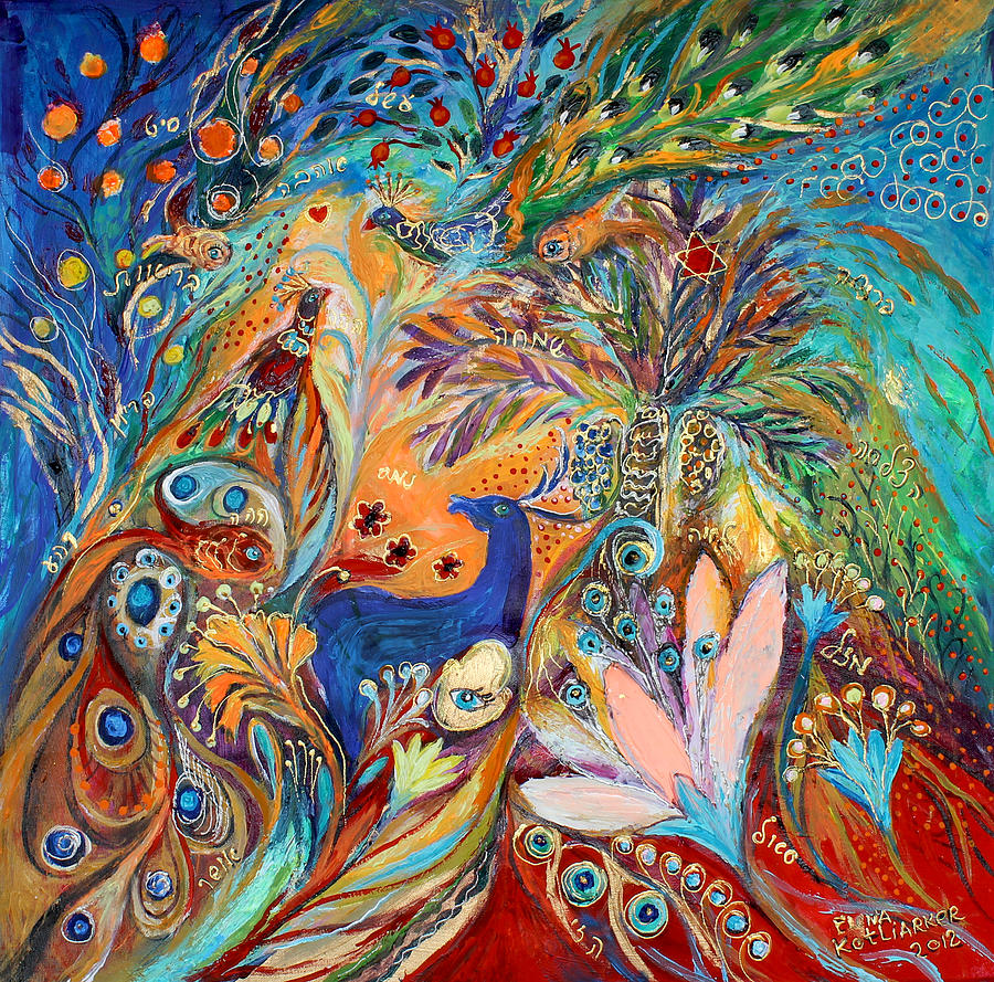 The Peacocks and Blue Deer Painting by Elena Kotliarker