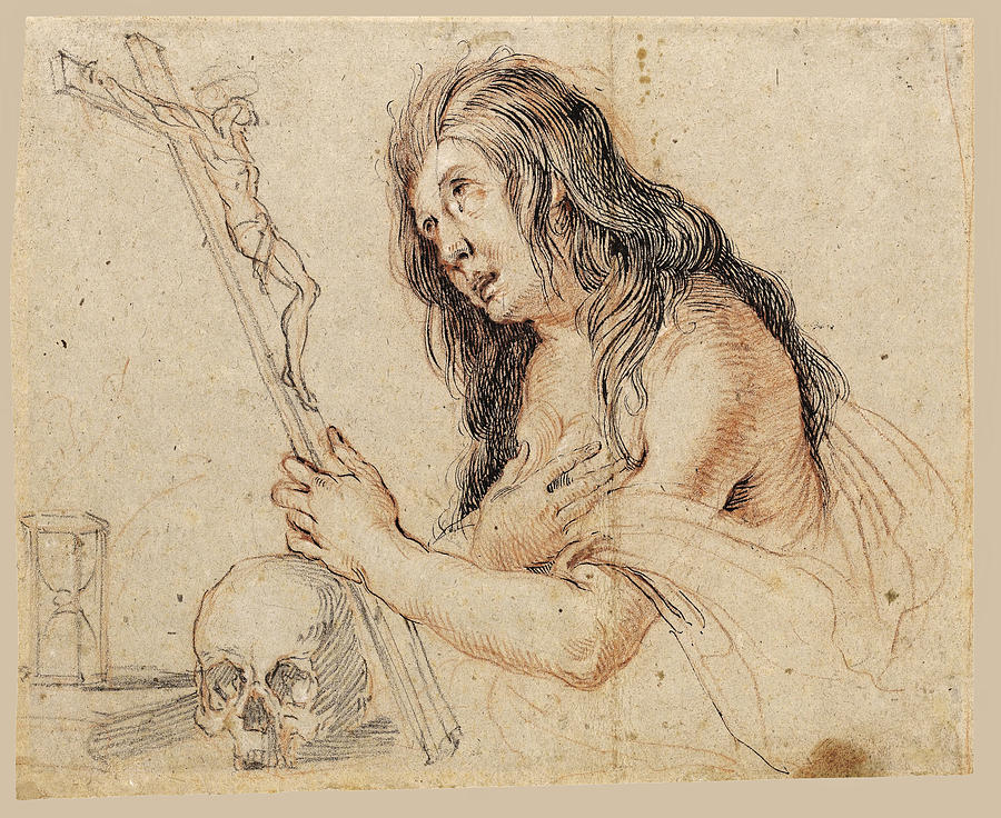 Bernardo Strozzi Drawing - The Penitent Magdalene holding a Crucifix resting on a Skull by Bernardo Strozzi