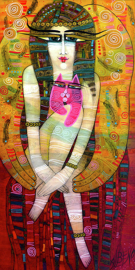 The Pink Cat Angel Painting by Albena Vatcheva