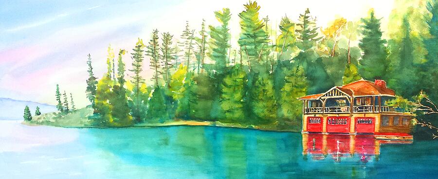 The Point Resort Boathouse Saranac Lake NY Painting by Carlin Blahnik CarlinArtWatercolor