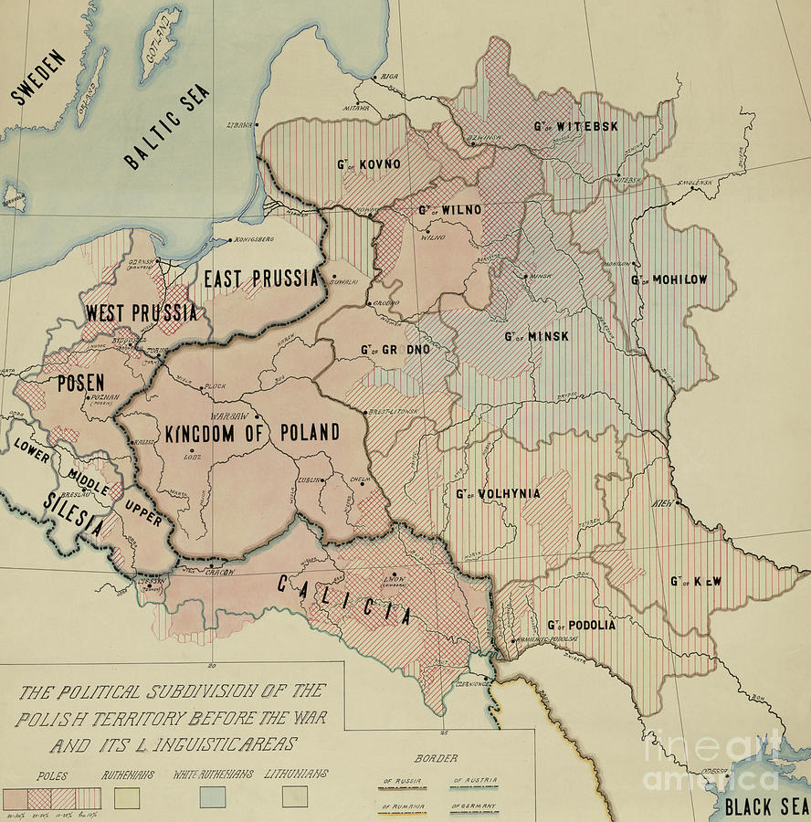 The Political subdivision of the Polish territory before the war and its linguistic areas, 1918 Painting by American School