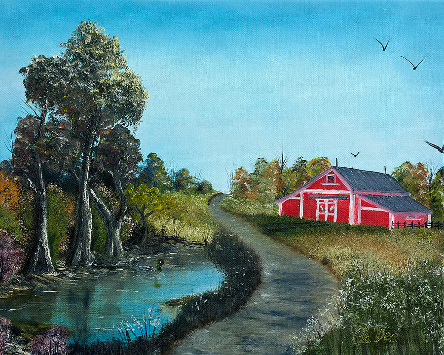barn painting landscape pond