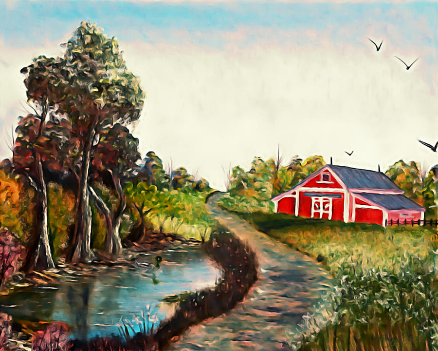 The Pond By The Red Barn - Elegance With Oil Painting by Claude Beaulac