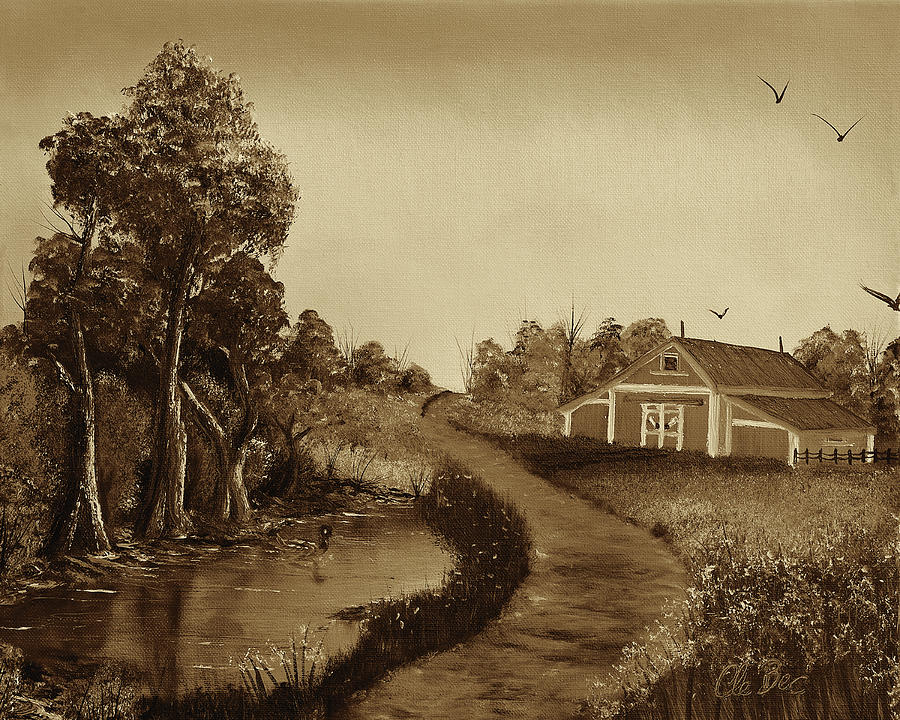 Duck Painting - The Pond By The Red Barn - Sepia by Claude Beaulac