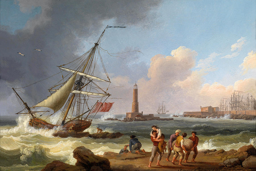 The port of Livorno with the rescue of shipwrecked Painting by Jacob Philipp Hackert