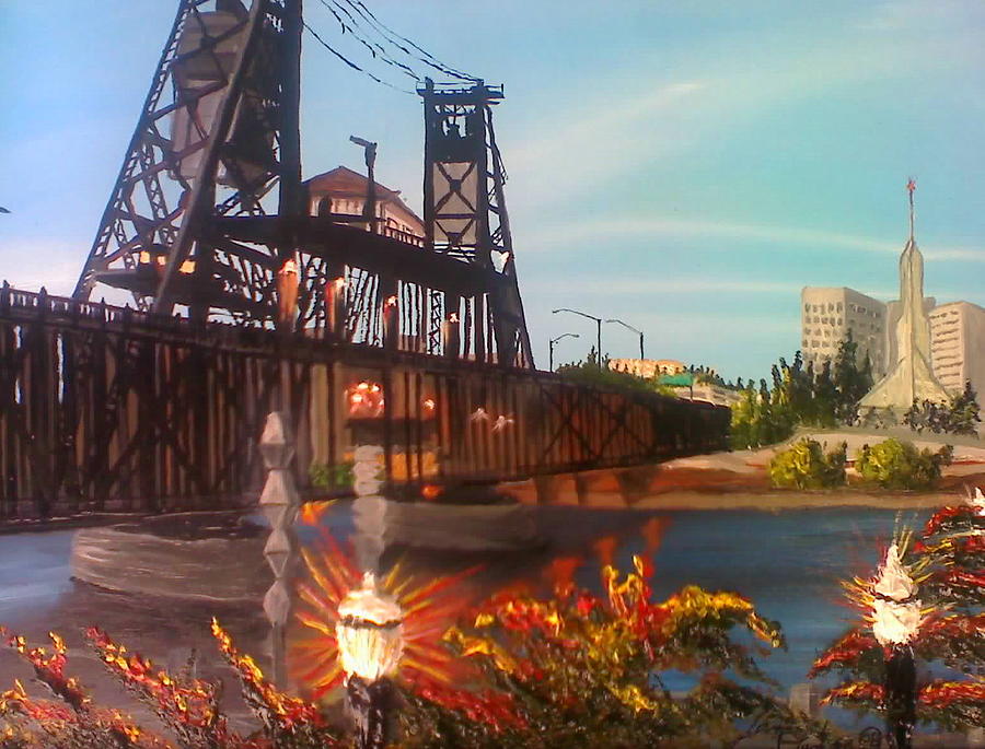 The Portland Steel Bridge At Sunset Painting by James Dunbar
