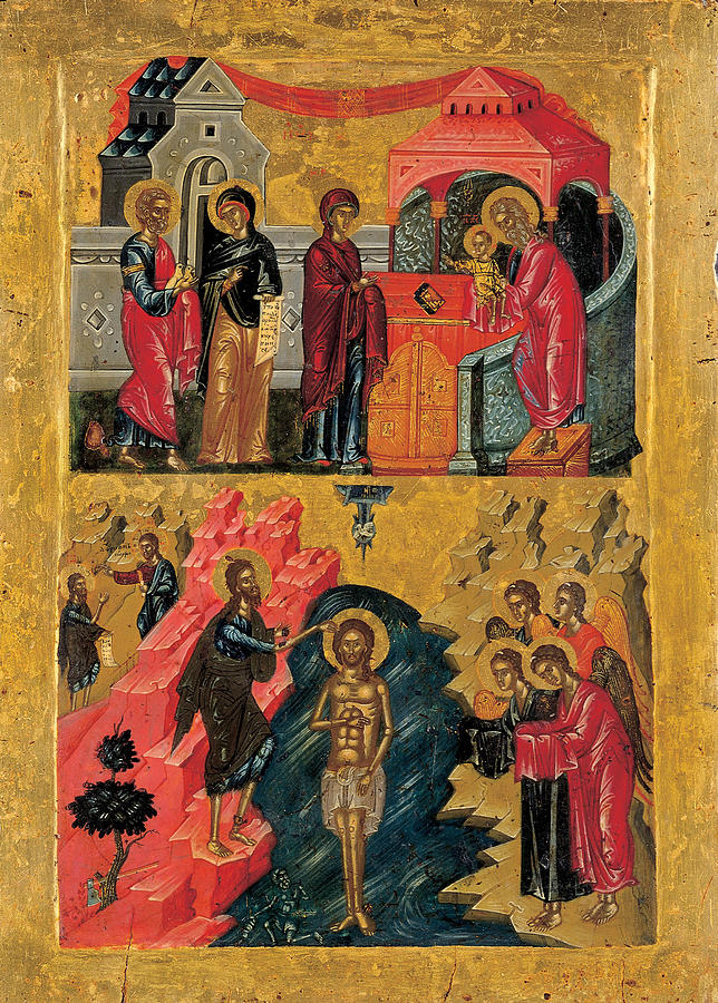 The Presentation of Christ in the Temple and the Baptism on two bands Painting by Cretan workshop