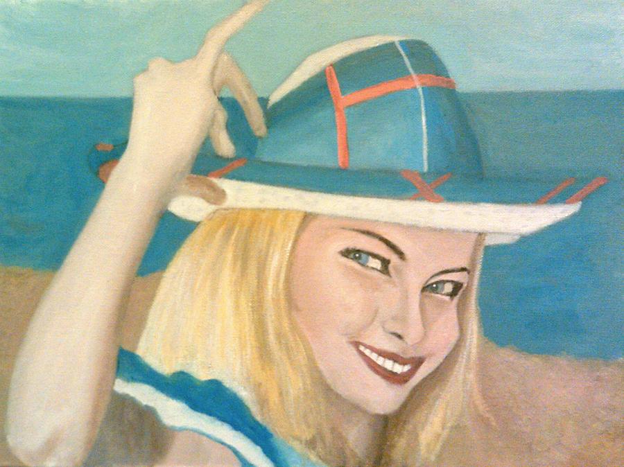 The Pretty Blonde Holds Her Hat Down On Her Head Painting by Peter Gartner