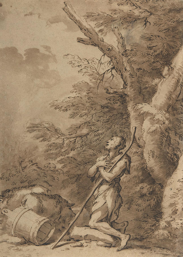 The Prodigal Son Kneeling Repentant among Swine Drawing by Salvator Rosa