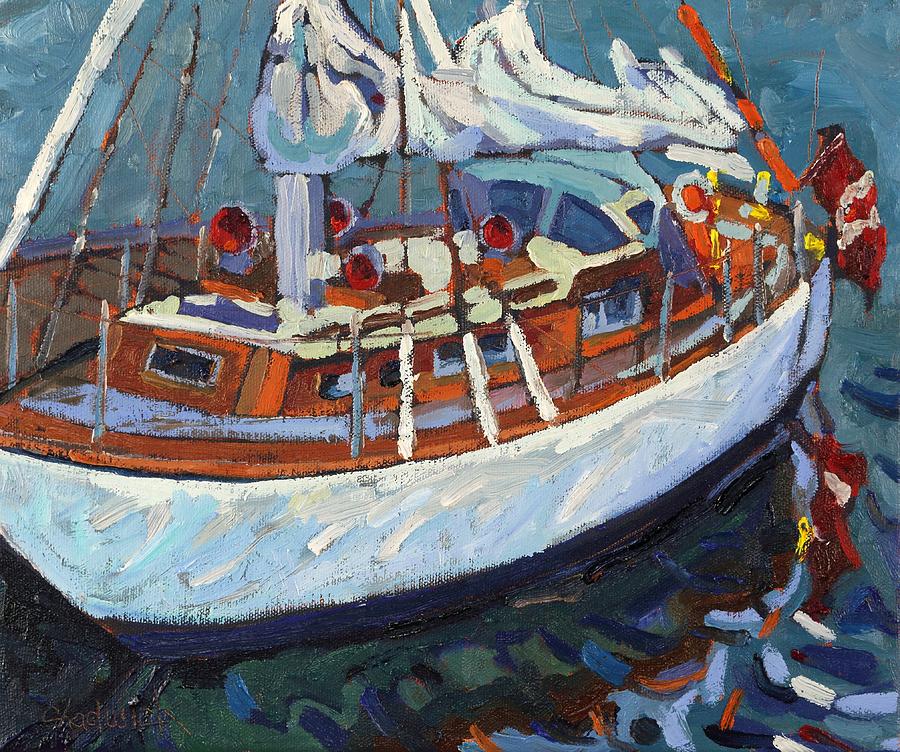 The Professors Wooden Boat Painting by Phil Chadwick