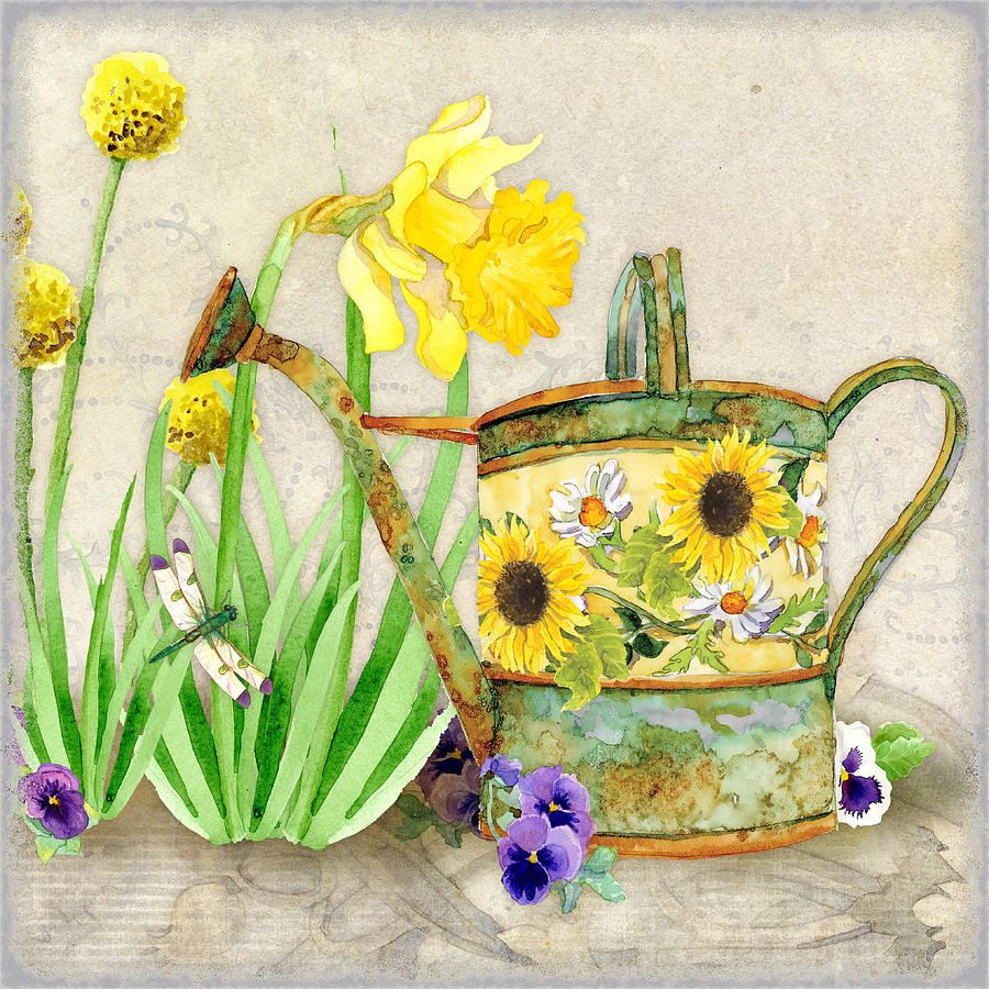 The Promise of Spring - Watering Can Painting by Audrey Jeanne Roberts