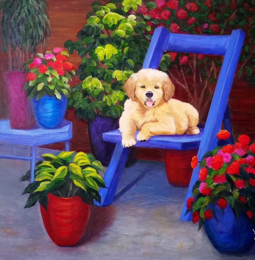 The puppy in the garden Painting by Rosie Sherman