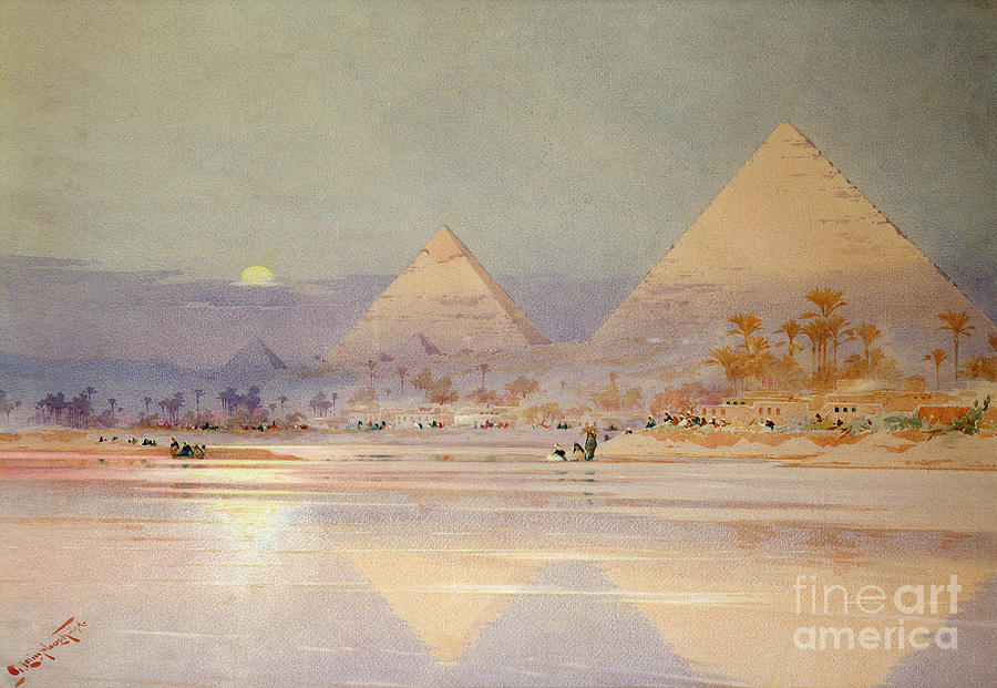 Sunset Painting - The Pyramids at dusk by Augustus Osborne Lamplough