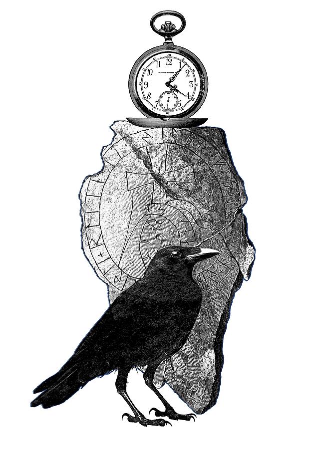Raven Digital Art - The Raven, The Pocket Watch, And The Runestone by Sandra McGinley