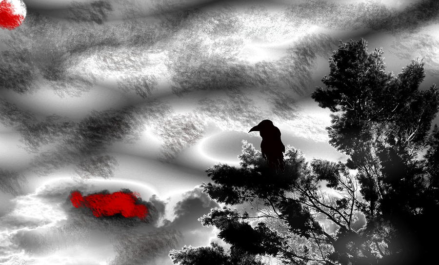 Bird Digital Art - The Raven under a Blood Moon by Abstract Angel Artist Stephen K