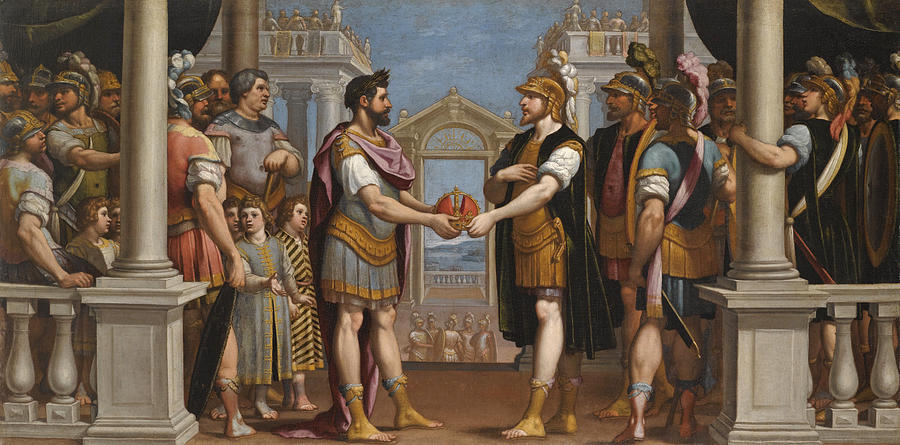 The Reconciliation between Romulus and Titus Tatius, King of the Sabines Painting by Bernardo Castello