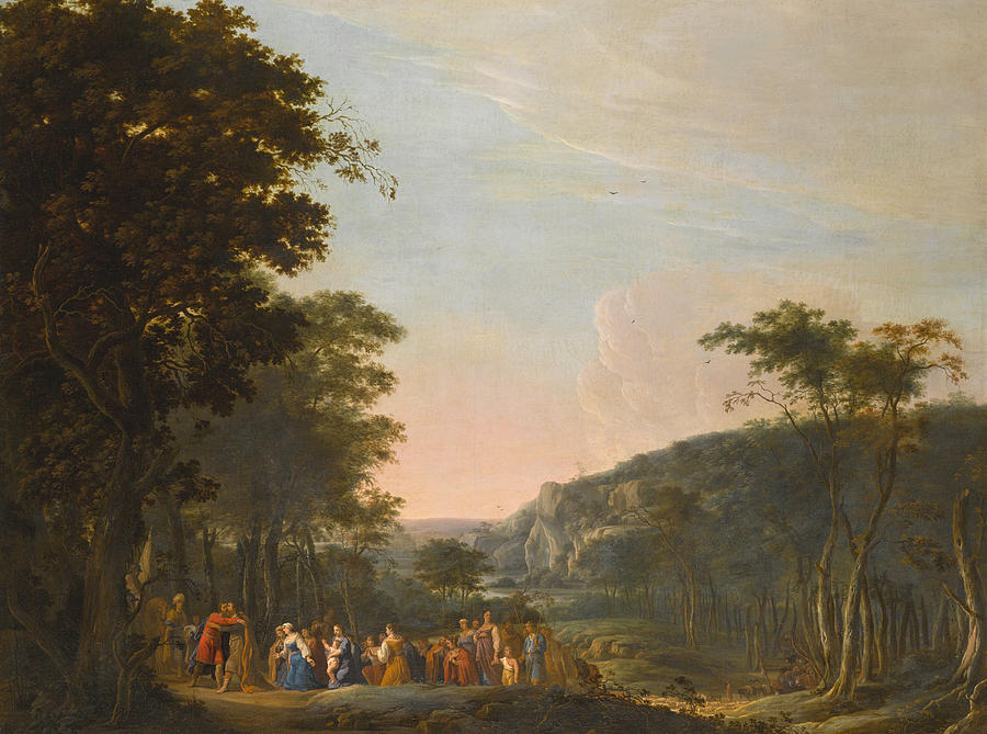 The Reconciliation of Jacob and Esau in an extensive Italianate Landscape Painting by Daniel Thivart