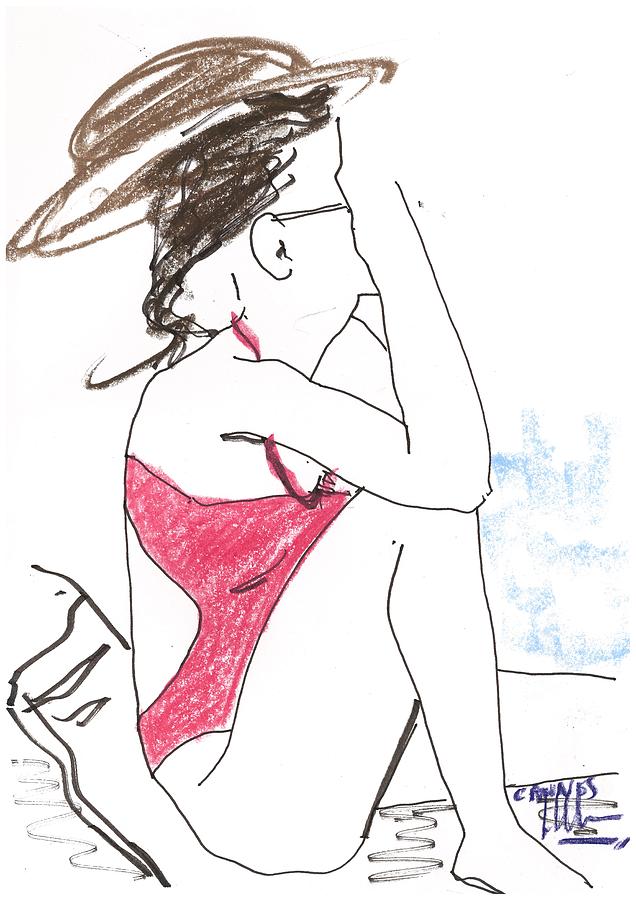 Nude Dr Drawing - The Red Bathing suit hat by Jean-luc Celereau